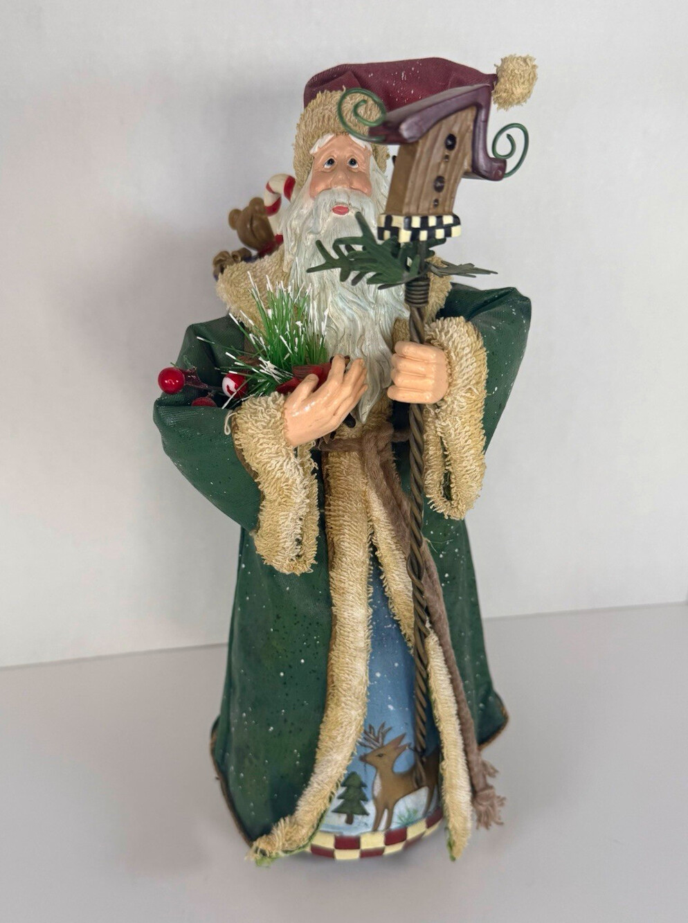 Vintage Rustic Green Santa Claus Figurine Birdhouse Staff & Toy Sack Holiday